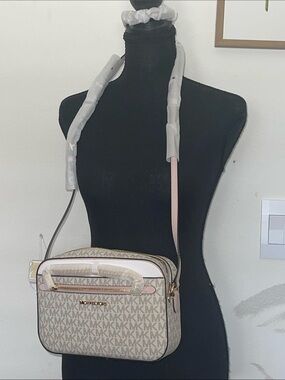 Michael Kors Beige and Pink Signature MK Crossbody Bag